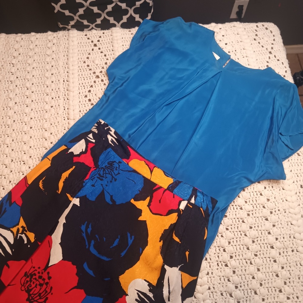 Vtg 90s 6 Flora Kung Colorful Pop Art 100% Silk Floral Skirt Shirt Luxury Office